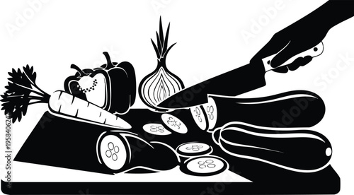 Cutting fresh vegetables on a wooden cutting board with a sharp knife, healthy ingredients for cooking