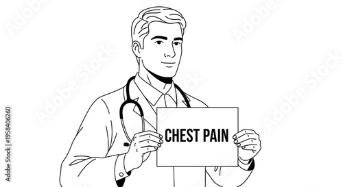 Medical doctor in a lab coat with a stethoscope holding a sign that says 'CHEST PAIN'. Concept for heart attack awareness, cardiovascular health, and emergency medical symptoms.