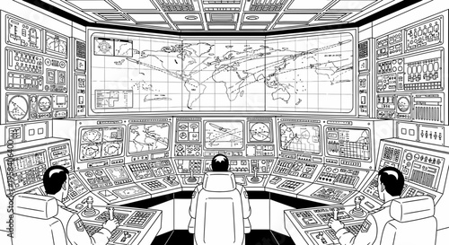 Control room with multiple computer screens.