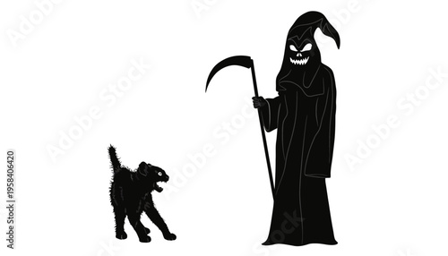 Grim reaper silhouette standing with a black dog on white background