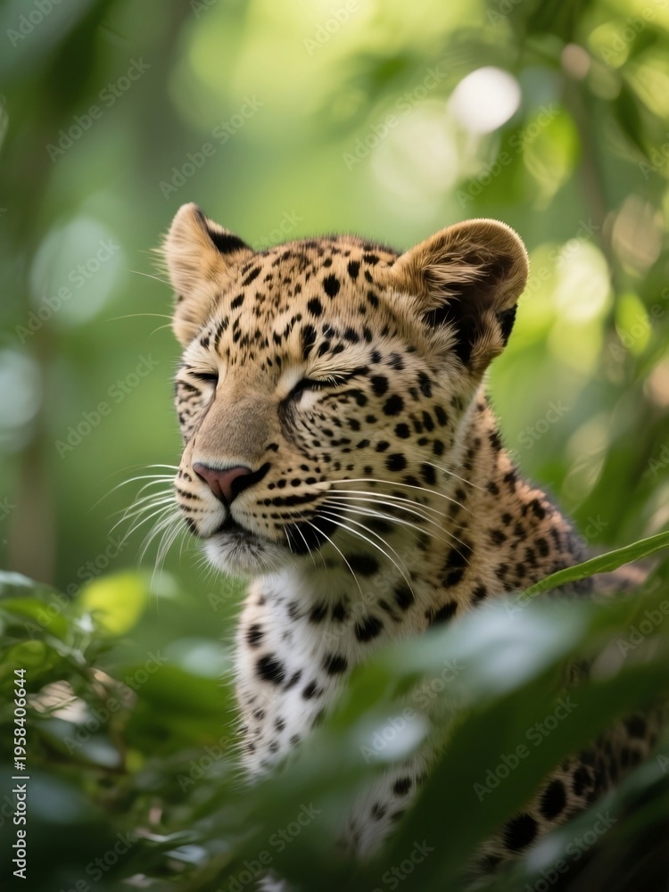 Fototapeta premium Peaceful Leopard Cub Resting in Green Forest