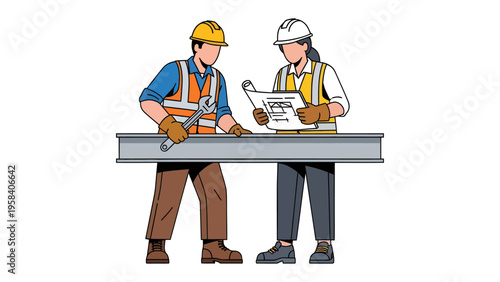 Blueprint Collaboration: A team of construction workers is meticulously reviewing a blueprint, their focused attention on the details. Emphasizing the teamwork, planning.