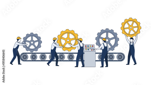 Industry Gears: Depicting a cohesive industrial process, this image showcases the concerted effort of individuals working together to assemble gears, symbolizing teamwork, efficiency.