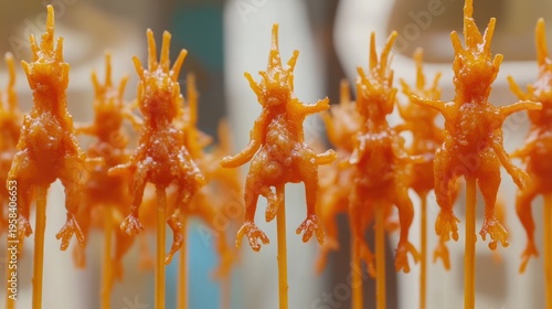 Crispy, orange-glazed food items, like small, stylized frogs, on skewers
