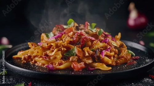 Pasta dish with tomato sauce, steaming