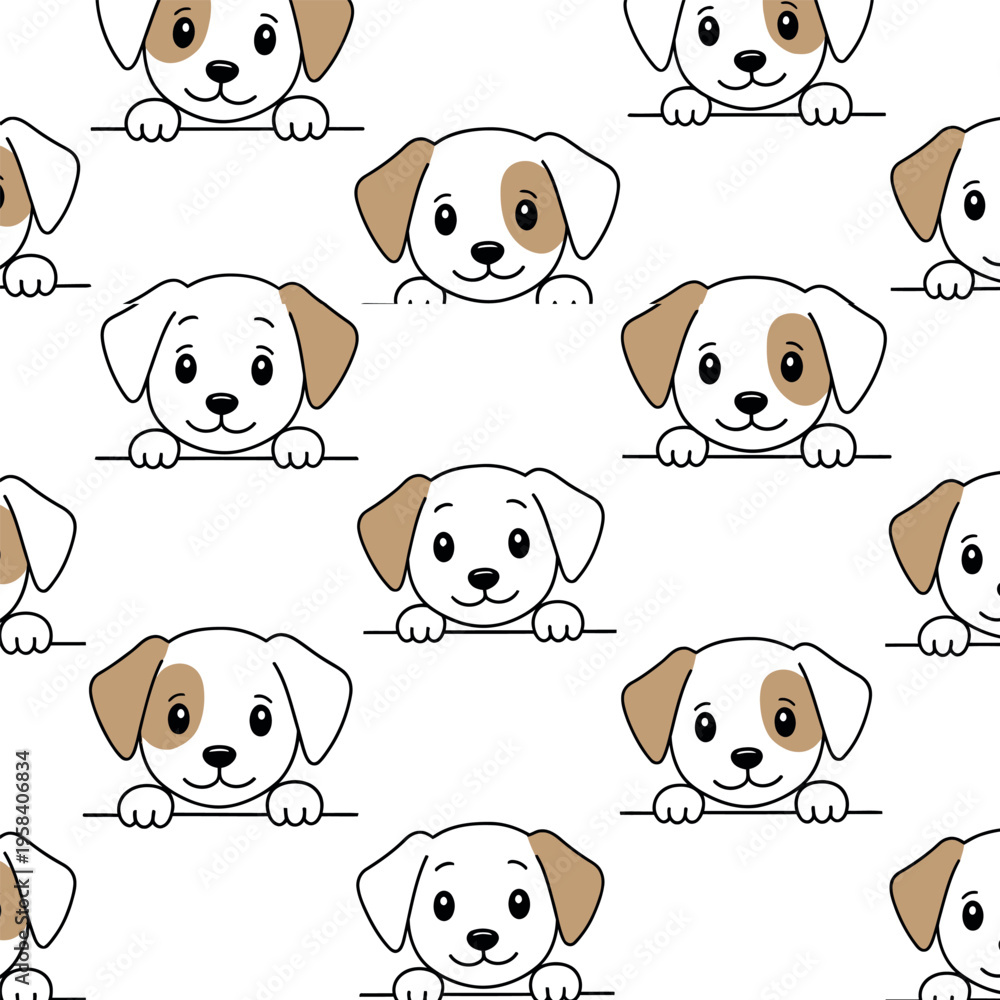 Obraz premium Seamless Pattern of Cute Cartoon Puppy Faces Peeking Over Edge Vector Illustration Background