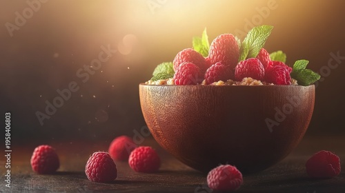 Wooden bowl of oatmeal with raspberries and mint, sunlit