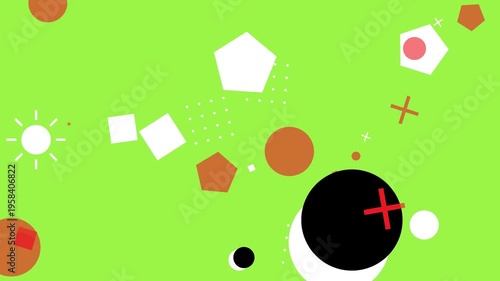 Colorful hipster memphis style motion graphics featuring geometric shapes on a green background