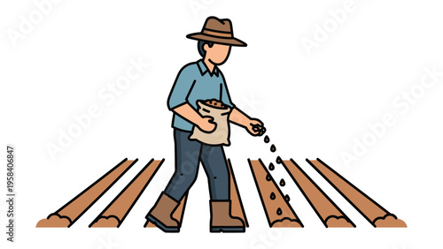 Farmer Sowing Seeds: A farmer cultivates the soil, sowing seeds by hand, exemplifying traditional agricultural practices and the timeless connection between man and nature.