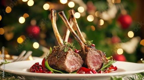 Roasted lamb ribs on a plate, Christmas background