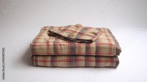Folded plaid bedding set, beige, brown, and red