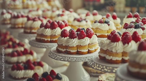 Rows of small, layered cakes topped with whipped cream and fresh raspberries