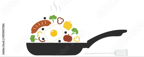 Delicious ingredients for a healthy breakfast being cooked in a frying pan with a spatula nearby, illustrating a meal preparation concept