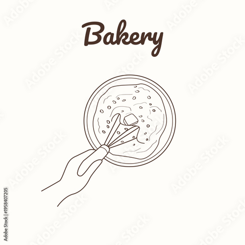 Bakery doodle whisk mixing batter with butter hand drawn illustration