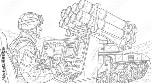 Soldier operating missile launcher control panel.