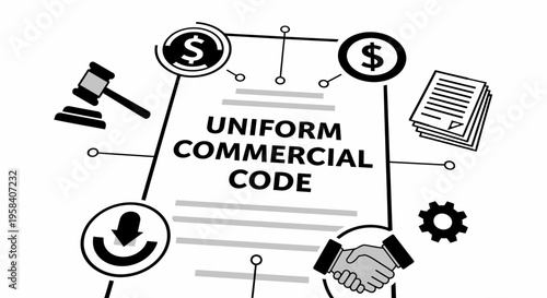 Uniform Commercial Code (UCC) legal concept illustration. Vector design featuring a contract document surrounded by icons of a gavel, money symbol, handshake, and gear, representing business.