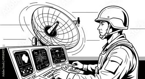 Soldier operating satellite control panel.
