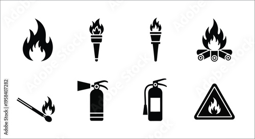 Black and white icons depicting various fire related elements and safety tools