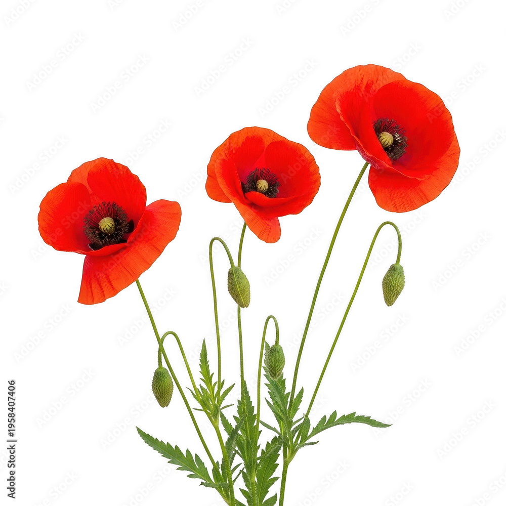Obraz premium Three vibrant red poppies with green stems and leaves against a white background isolated on transparent background