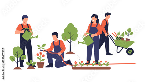 Gardening teamwork scene: A group of individuals is seen working collaboratively in a garden, with tasks like watering plants, planting, and tending to the garden.