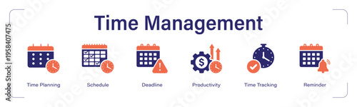 Time Management web banner icon set. vector illustration concept with icon of Time Planning, Schedule, Deadline, Productivity, Time Tracking, Reminder.