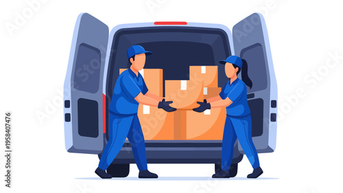 Efficient Logistics: A visual of moving of packages to delivery van showcasing efficient transportation and the commitment of delivering goods with reliability.