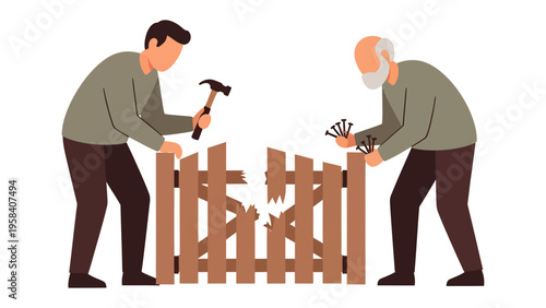 Reconstruction: A visual of two individuals working to repair a broken fence, symbolizing the concept of fixing, rebuild, and restoration.