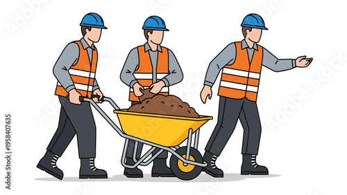 Construction Crew at Work: A coordinated team of construction workers engaged in various tasks, highlighting the dynamics of construction teamwork.