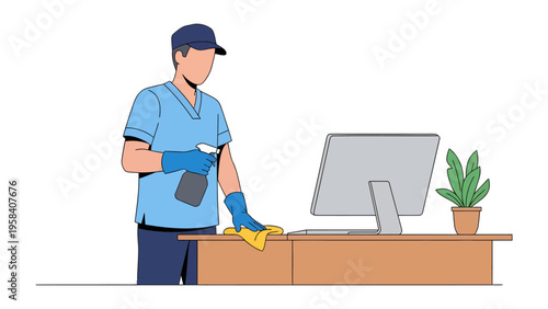 Workplace Sanitation: An individual, clad in protective gear, meticulously sanitizes a workspace, a tangible emblem of hygiene and meticulous cleaning.