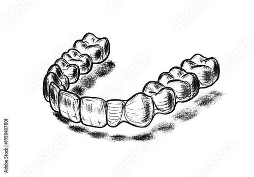 Hand-drawn illustration of clear dental aligners on a white background