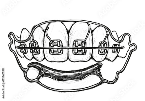 Close-up sketch of dental braces and orthodontic appliance on teeth