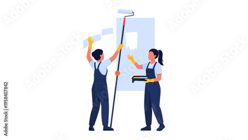 Team of Painters: A collaborative illustration shows a dedicated team of painters applying a fresh coat of paint to a wall, highlighting the importance of teamwork and home improvement.