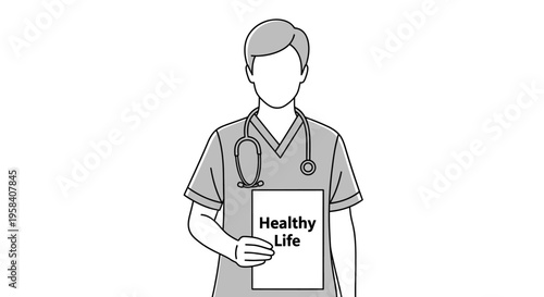 Doctor, physician, or medical professional in scrubs holding a paper with text 'Healthy Life', promoting healthy living and wellness, clean black and white line art vector illustration