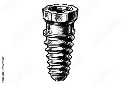 Detailed sketch of a dental implant screw with hexagonal head