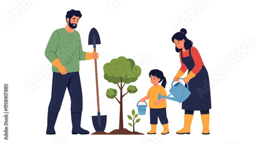 Nurturing Growth: A Family's Environmental Endeavor: A family uniting to nurture the growth of nature by planting and watering a tree together. A celebration of a commitment to a better future