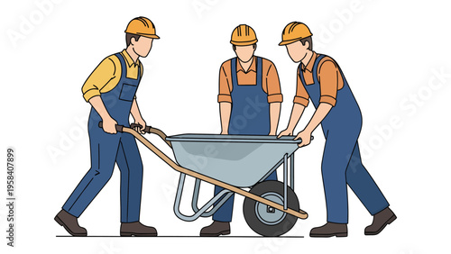 Construction Team in Action: Three construction workers collaborate to transport a wheelbarrow, symbolizing teamwork and efficiency in the construction industry.