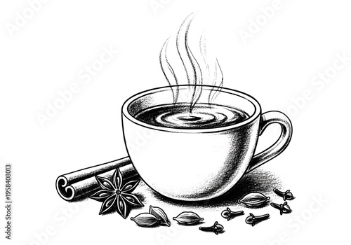 Steaming cup of spiced tea with cinnamon, star anise, and cardamom illustration