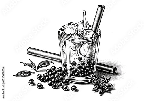Hand-drawn illustration of bubble tea with tapioca pearls and ice cubes in a glass