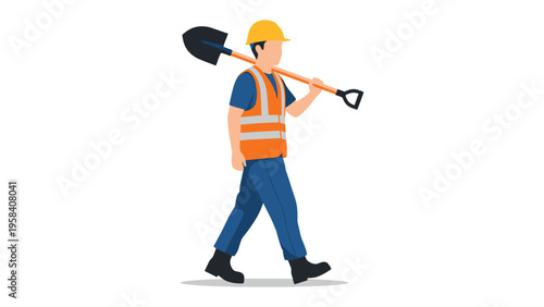 Construction worker in work suit: A construction worker, dressed in a safety vest and helmet, strides confidently, a shovel resting upon his shoulder.