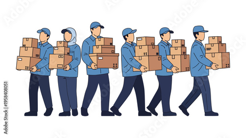 Delivery Team: An illustration of a group of delivery personnel, each shouldering a stack of cardboard boxes, navigating through their daily route.
