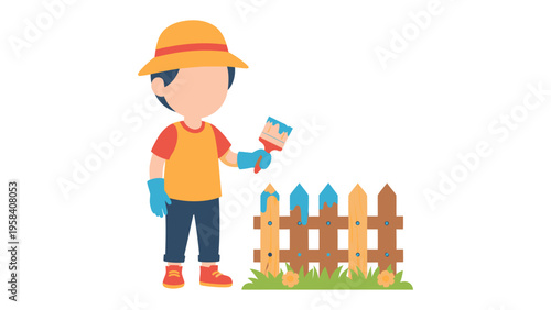 Painting a wooden fence: a child engaged in the act of painting the wooden fence, capturing the essence of childhood creativity.