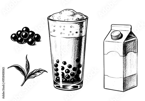 Hand-drawn illustration of bubble tea ingredients and a carton of milk