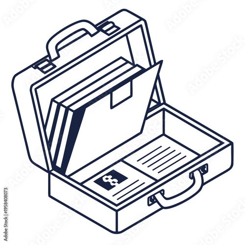 Opened briefcase vector graphic showing interior compartments with documents and cards representing business planning and professional organization