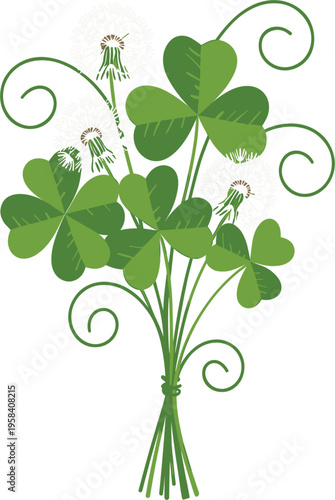 Green clover bouquet with white dandelion seed heads, spring floral elements, luck and nature concept