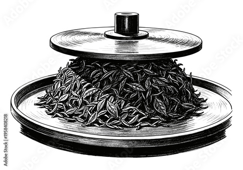 Heap of dried tea leaves under a metal lid on a tray