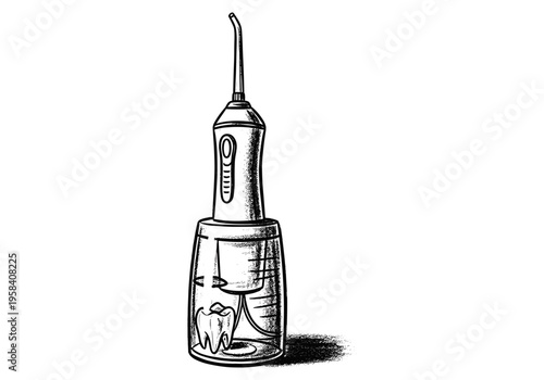 Handheld water flosser device cleaning a tooth inside its reservoir