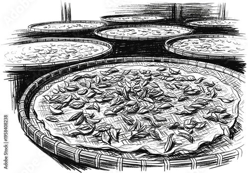 Traditional tea leaves drying on woven bamboo trays in a rustic setting