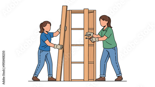 Teamwork Building: Two individuals collaborate to construct a wooden framework, symbolizing the essence of unity and progress in a shared project.