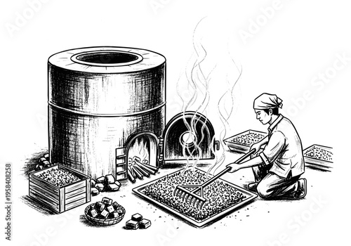 Traditional tandoor oven process with a worker raking grains in a tray
