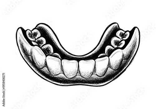 Hand drawn illustration of a lower dental mouthguard with teeth